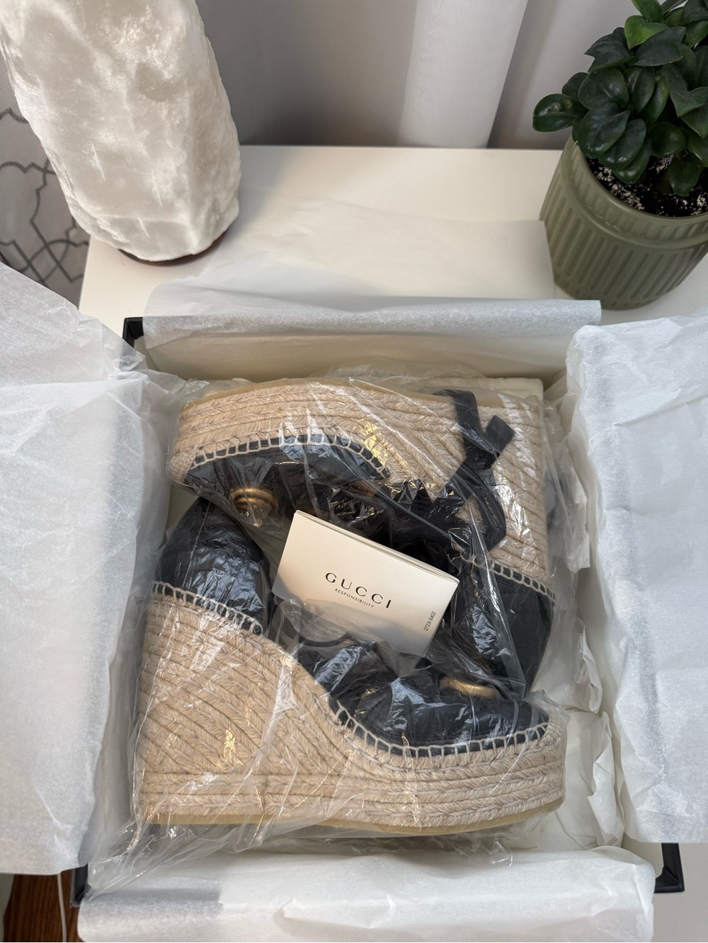 Gucci Black Leather Espadrille Wedge Sandals with Gold Double G - Picture 9 of 9